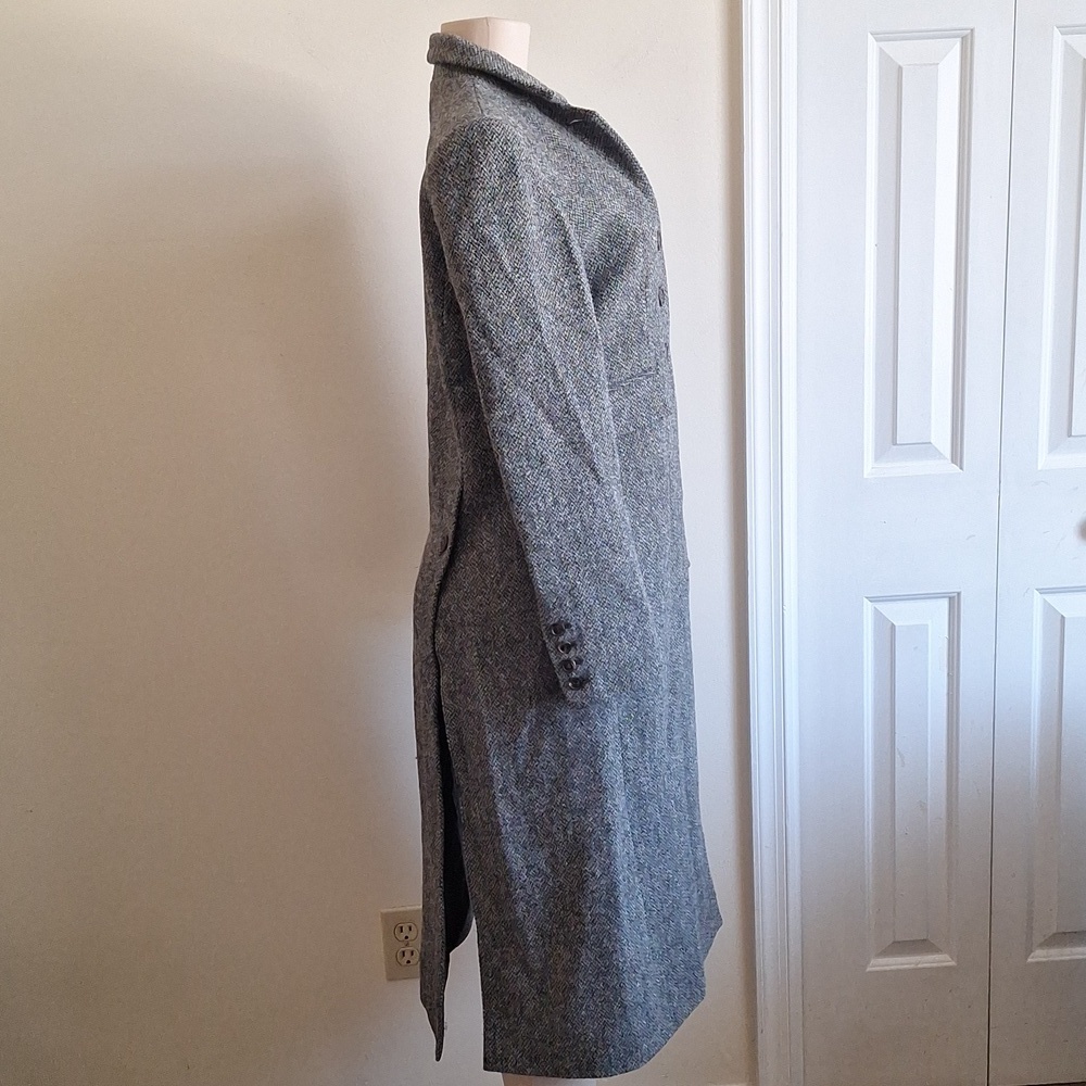 Vintage Harris Tweed Longline Trench Coat Gray Herringbone Handwoven Wool Size M - Picture 3 of 13